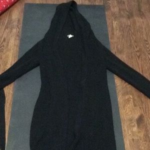 Black sweater duster with hood and belt